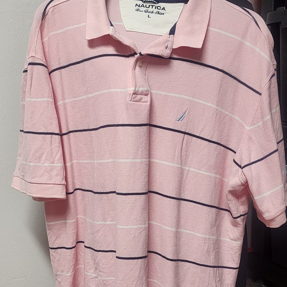 Nautica Men's Pink Polo Shirt with Black White Stripes Large 3/$25